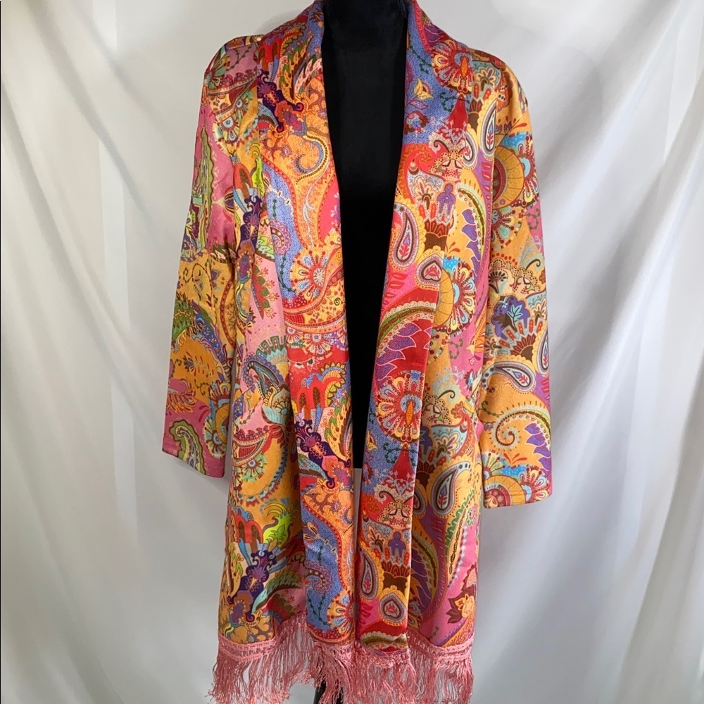 COZY Pink Paisley Fringe Open Front Cardigan Jacket NWT L